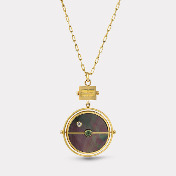Retrouvai Grandfather Compass Pendant With Dark Mother Of Pearl And Mint Garnet