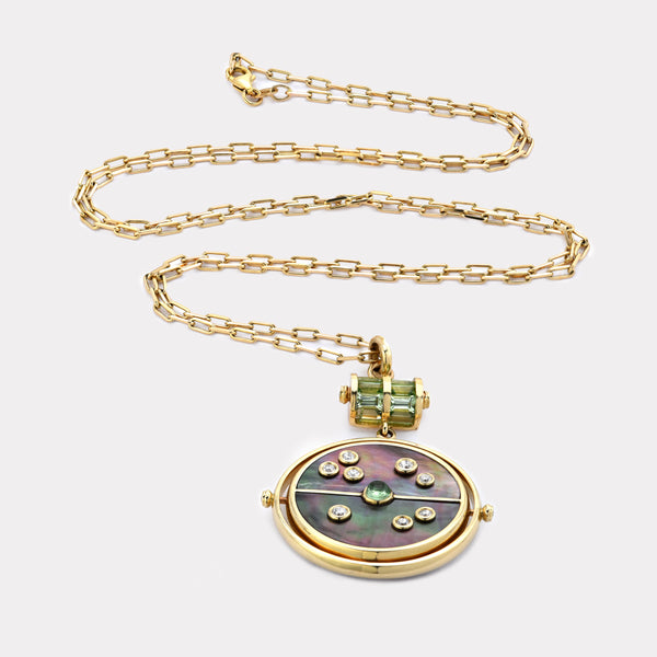 Retrouvai Grandfather Compass Pendant With Dark Mother Of Pearl And Mint Garnet