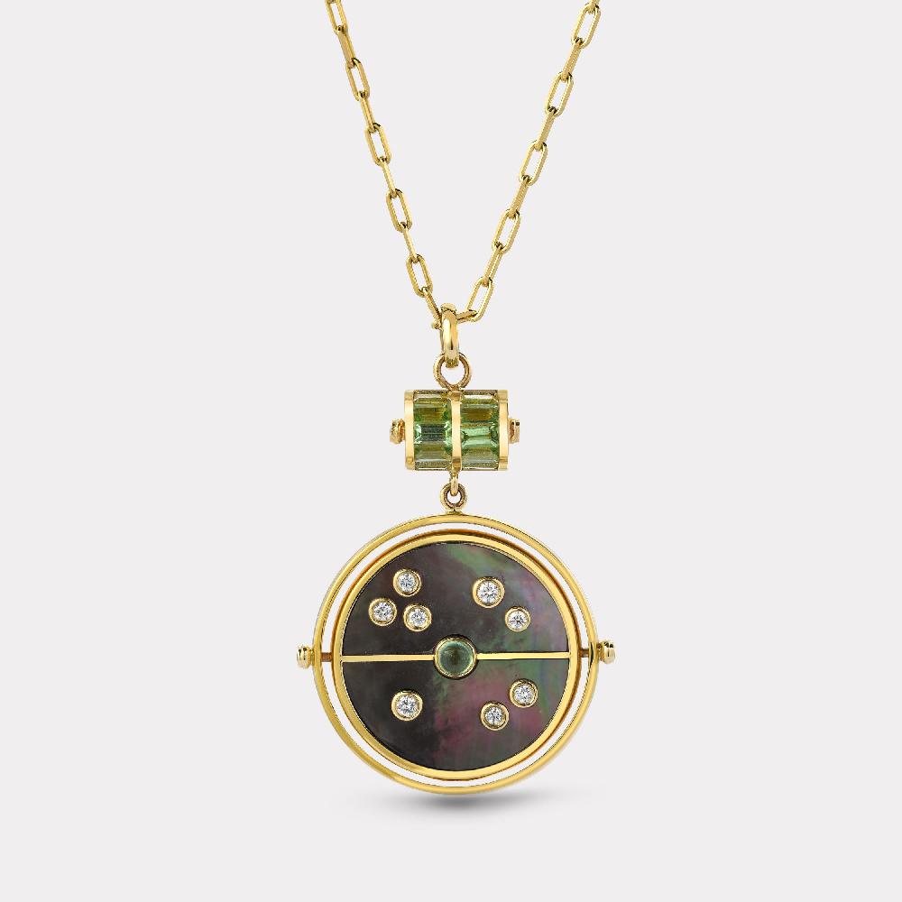 retrouvai Grandfather Compass Pendant with Dark Mother of Pearl and Mint Garnet