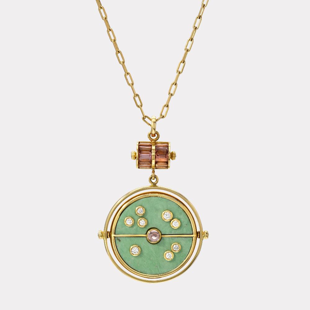 retrouvai Grandfather Compass Pendant with Green Turquoise and Lotus Garnet
