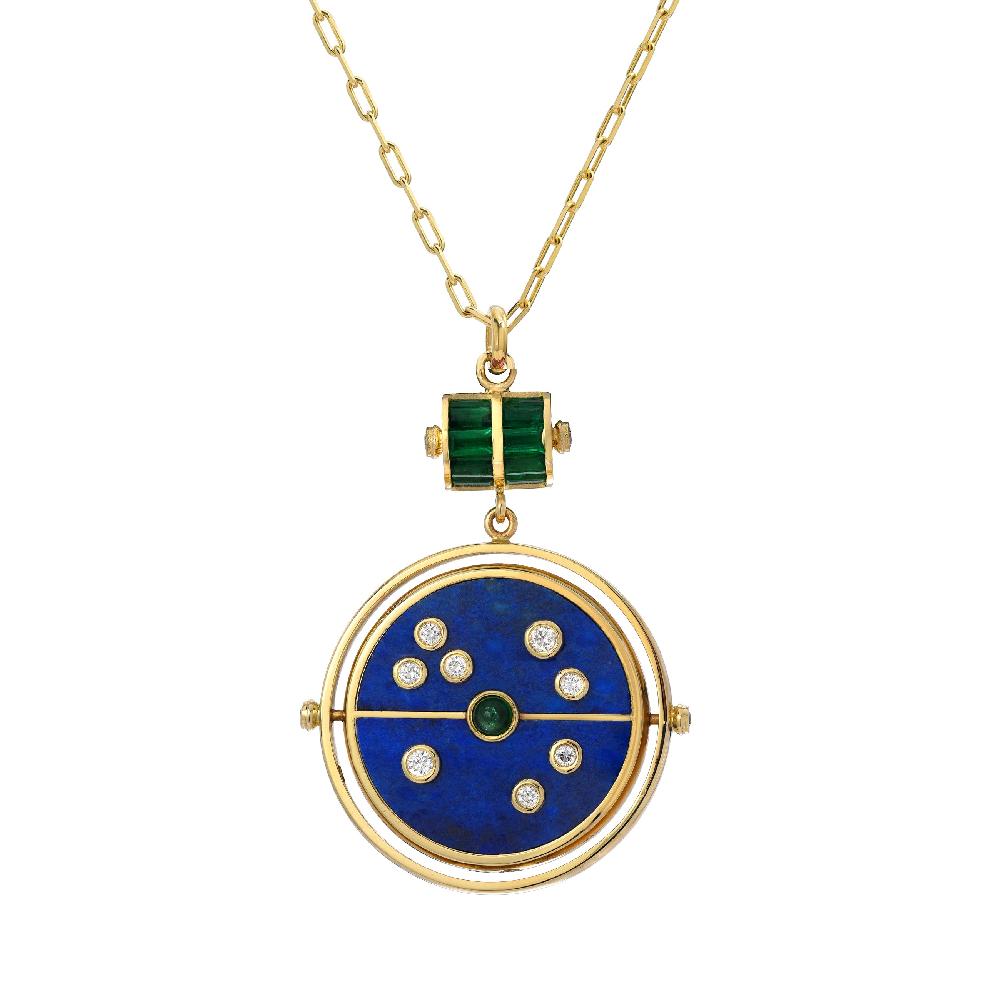 retrouvai Grandfather Compass Pendant with Lapis and Emerald