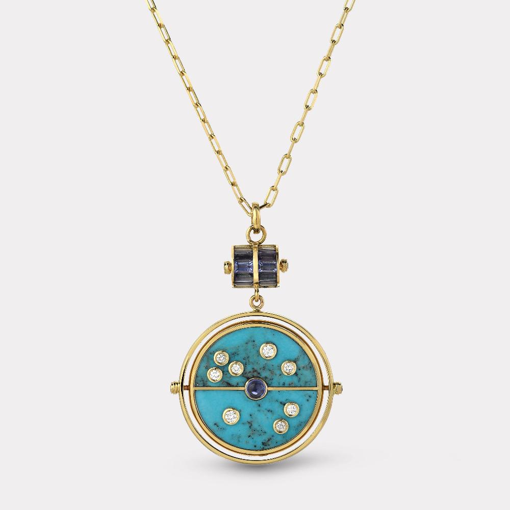 retrouvai Grandfather Compass Pendant with Turquoise and Tanzanite
