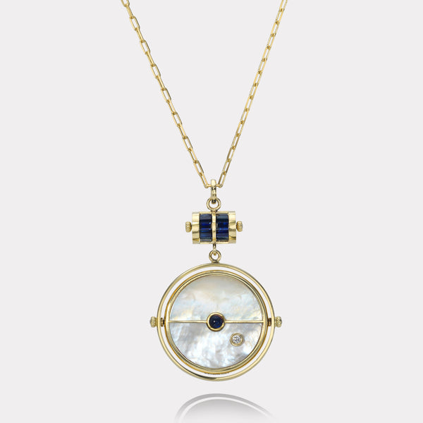 Retrouvai Grandfather Compass Pendant With White Mother Of Pearl And Blue Sapphire