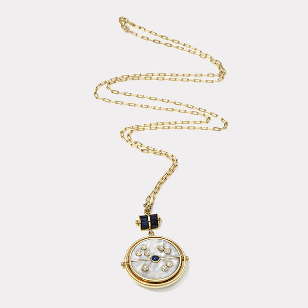 Retrouvai Grandfather Compass Pendant With White Mother Of Pearl And Blue Sapphire