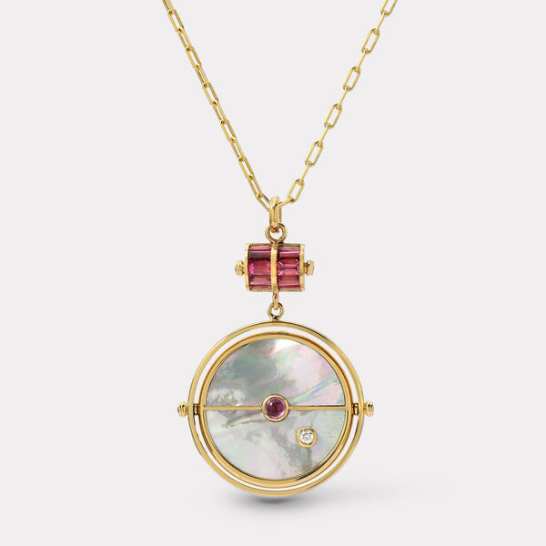 Retrouvai Grandfather Compass Pendant With White Mother Of Pearl And Pink Spinel
