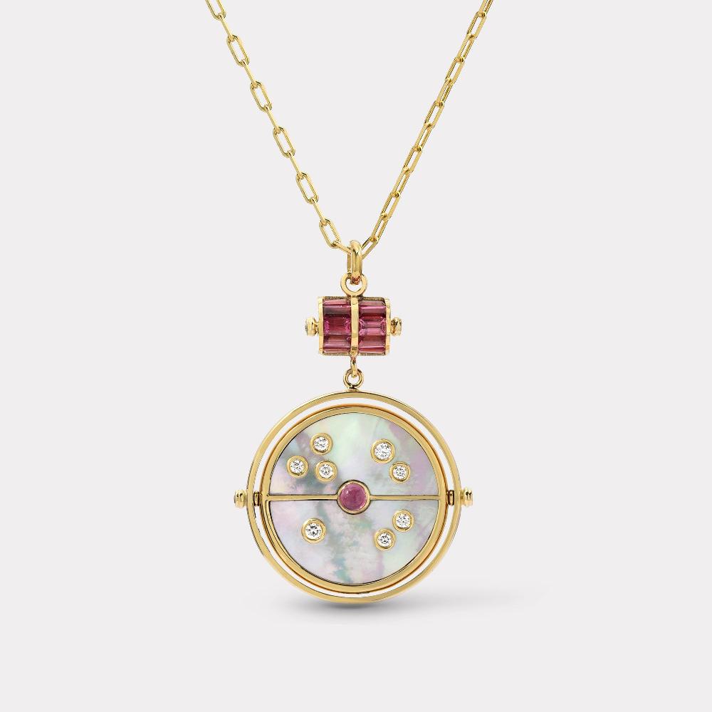 retrouvai Grandfather Compass Pendant with White Mother of Pearl and Pink Spinel