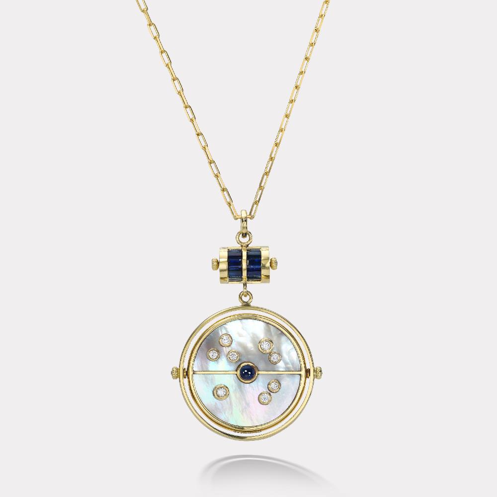 retrouvai Grandfather Compass Pendant with White Mother of Pearl and Blue Sapphire