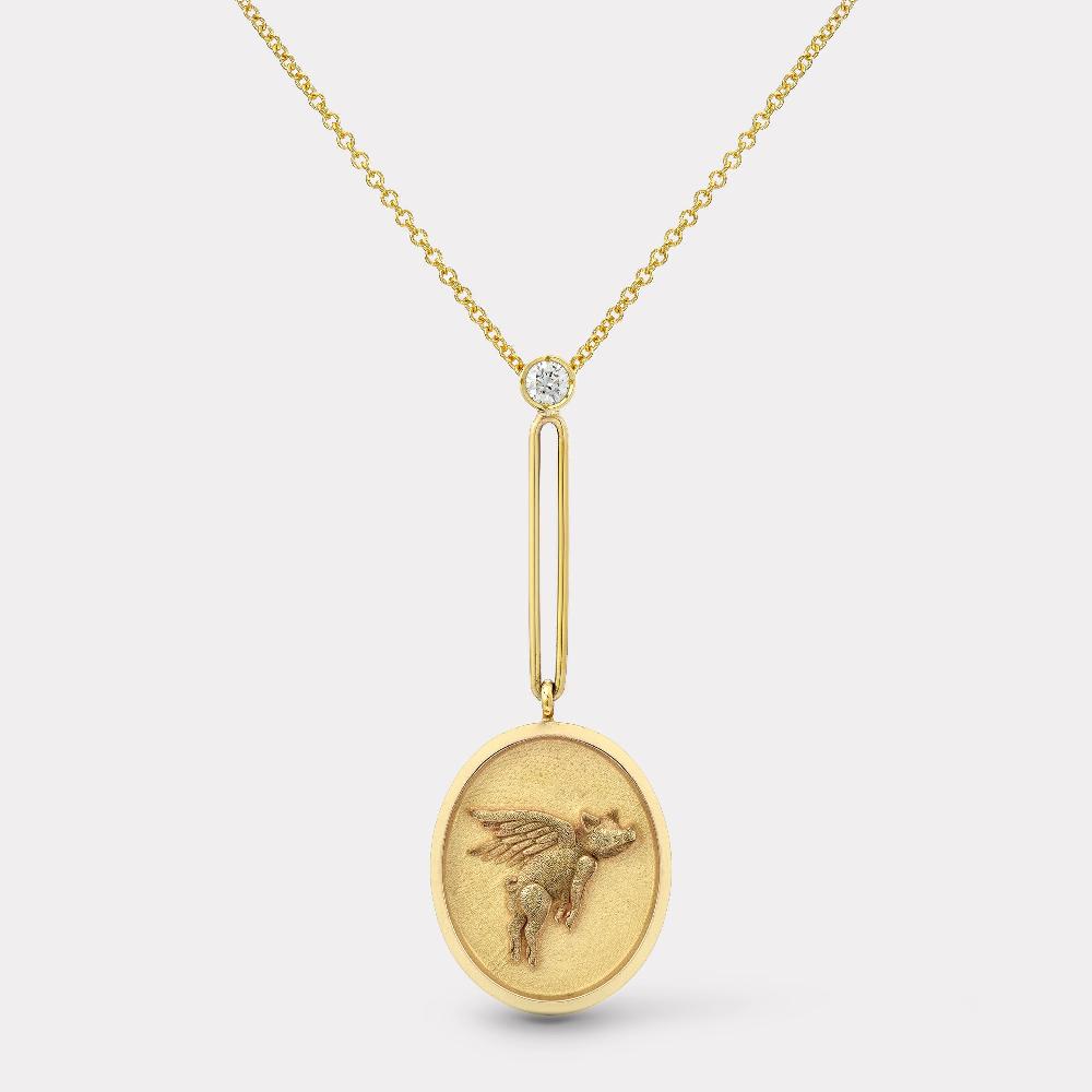 retrouvai Grandfather Fantasy Signet Pendant Necklace - Flying Pig