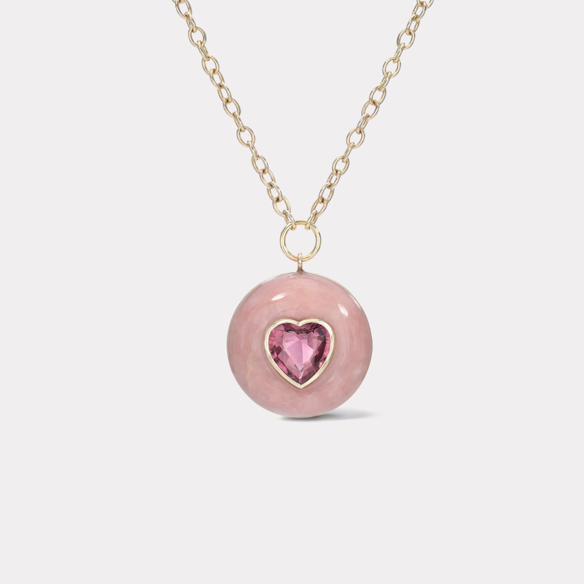 retrouvai Heart Pink Tourmaline in Hand Carved Pink Opal Lollipop Pendant