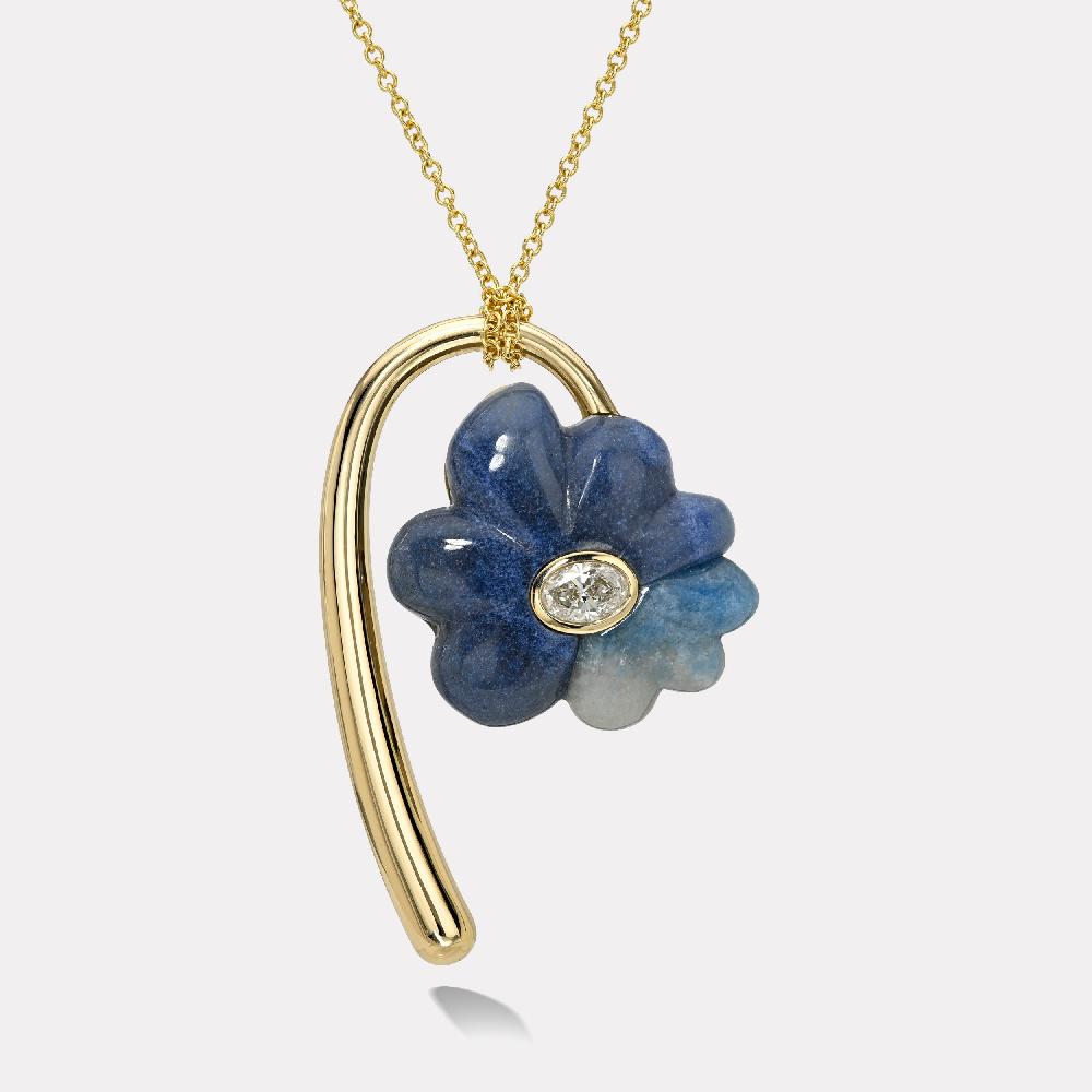 retrouvai Large Flora Pendant with 0.75ct GIA Oval Diamond in Hand Carved Trolleite