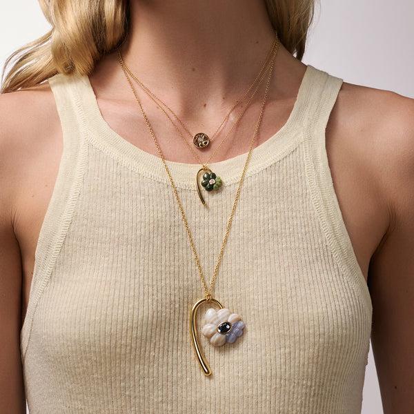 Retrouvai Large Flora Pendant With 1.68ct GIA Old Mine Cut Diamond In Hand Carved Dendrite And Leopard Jasper