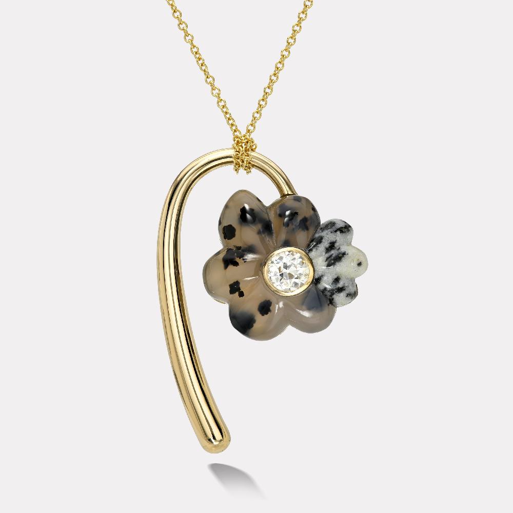 retrouvai Large Flora Pendant with 1.68ct GIA Old Mine Cut Diamond in Hand Carved Dendrite and Leopard Jasper