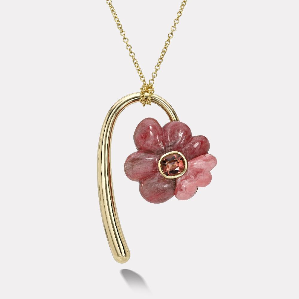 retrouvai Large Flora Pendant with 1.87ct Cushion Berry Tourmaline in Hand Carved Rhodonite and Rhodochrosite