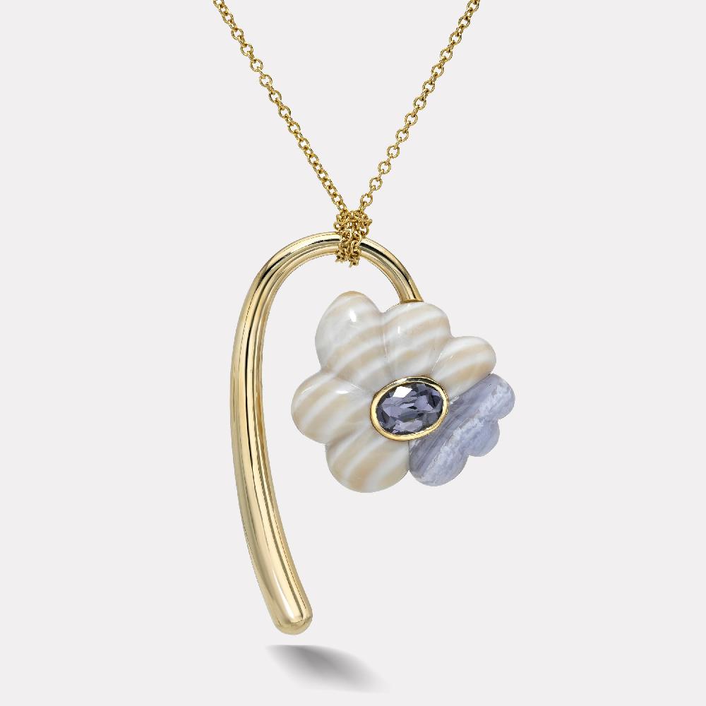 retrouvai Large Flora Pendant with 2.13ct Oval Blue Spinel in Hand Carved Agate and Blue Lace Agate Large Flora Pendant
