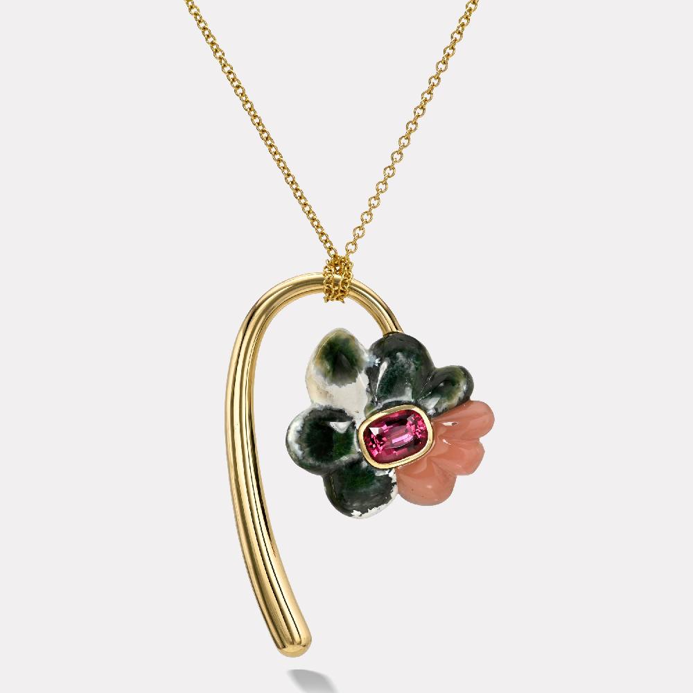 retrouvai Large Flora Pendant with 2.28ct Cushion Rhodolite Garnet in Hand Carved Ocean Jasper and Guava Quartz