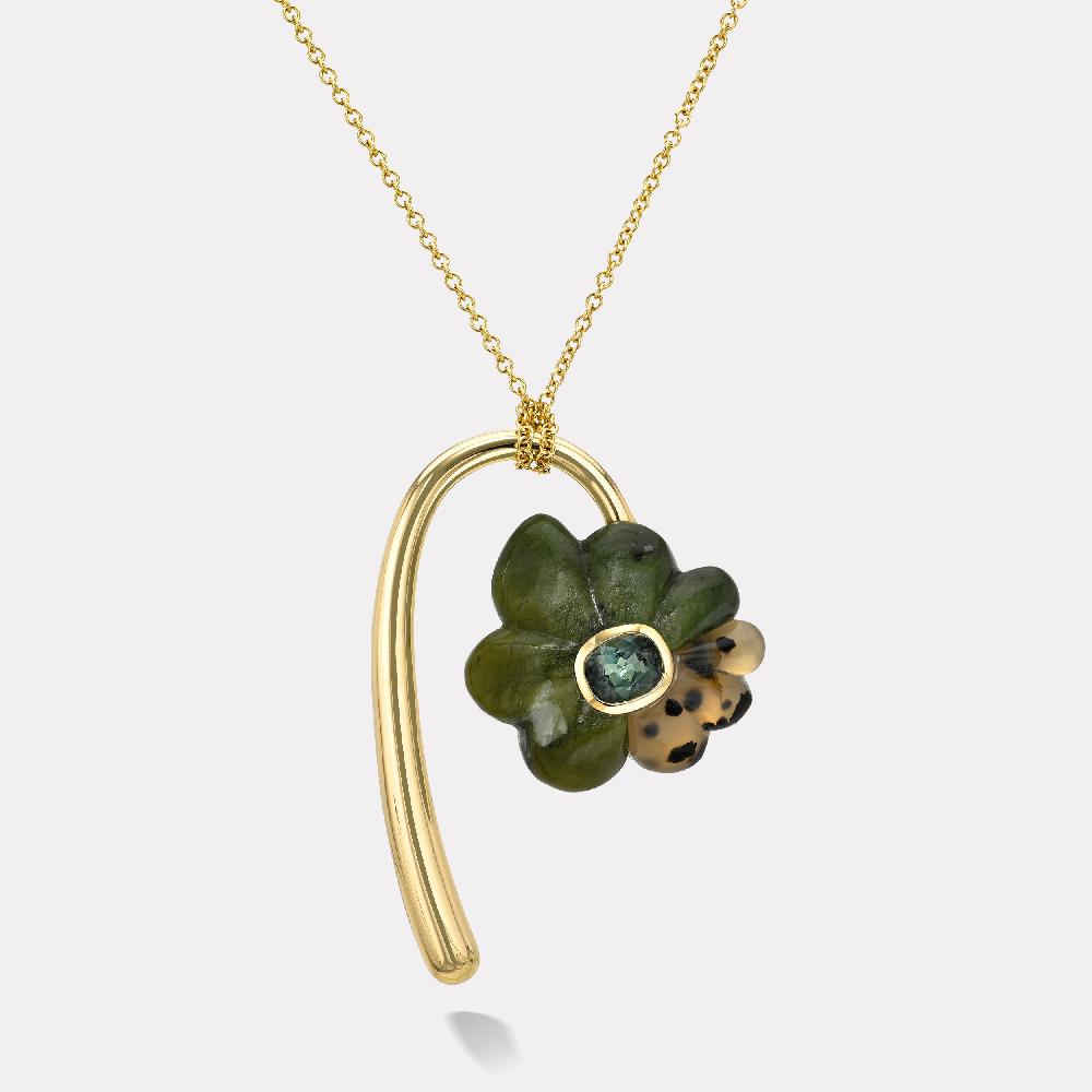 retrouvai Large Flora Pendant with 2.36ct Cushion Green Tourmaline in Hand Carved Jade and Dendrite