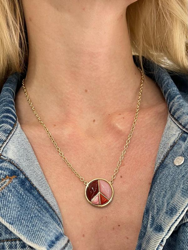 Retrouvai Large Peace Sign Pendant With Carnelian Pink Opal Coral And Rhodochrosite