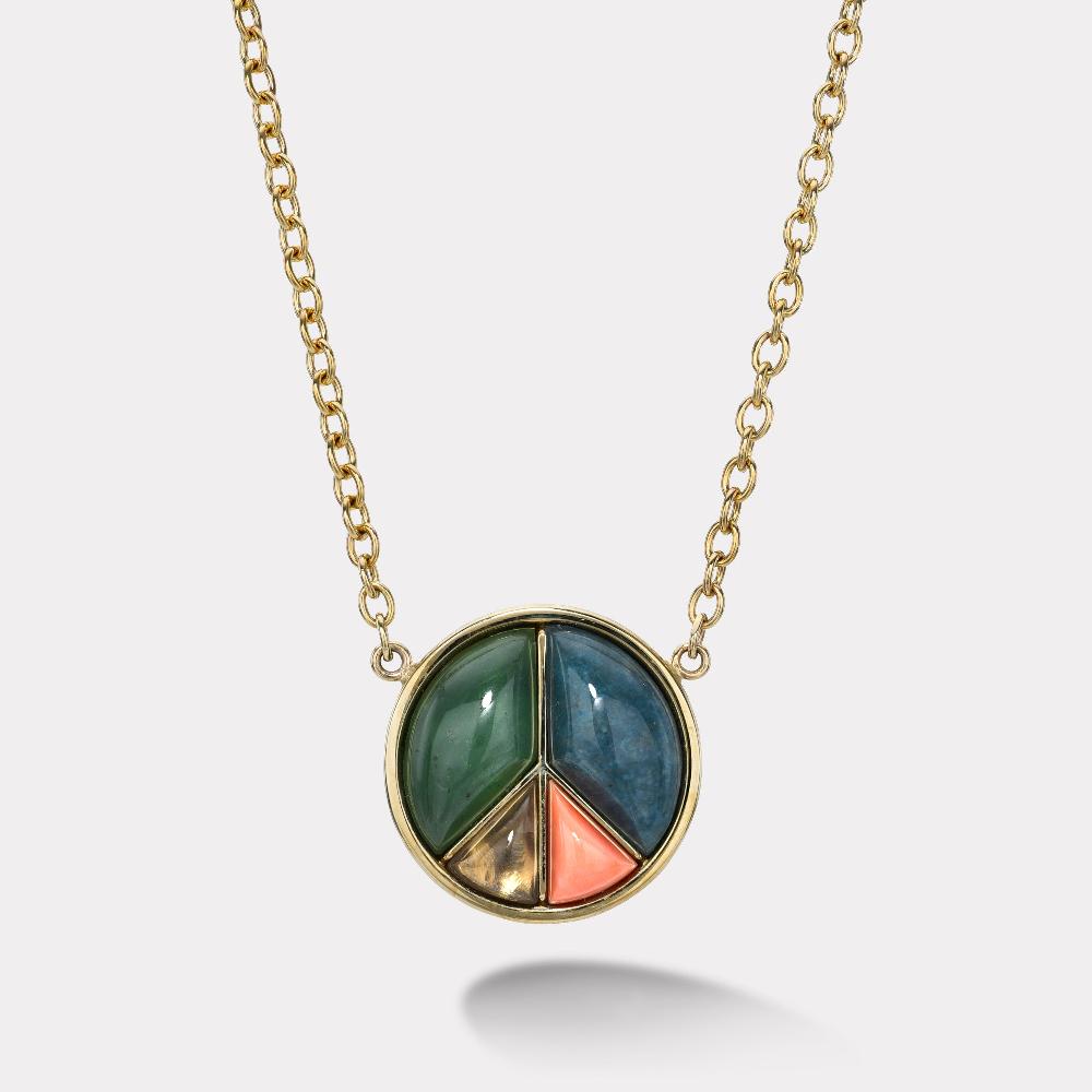 retrouvai Large Peace Sign Pendant with Nephrite Jade Trolleite Coral and Smokey Quartz