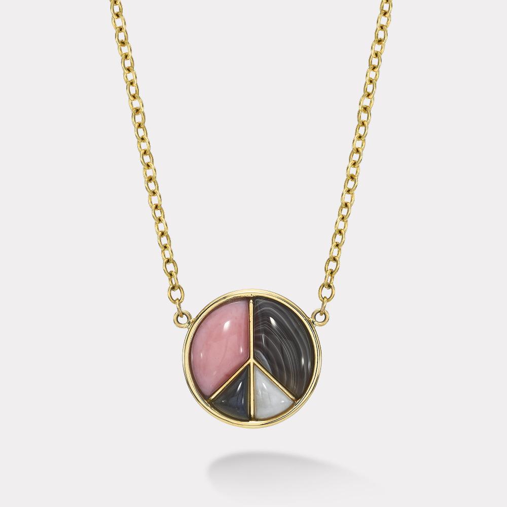 retrouvai Large Peace Sign Pendant with Pink Opal Agate White Quartz and Labradorite