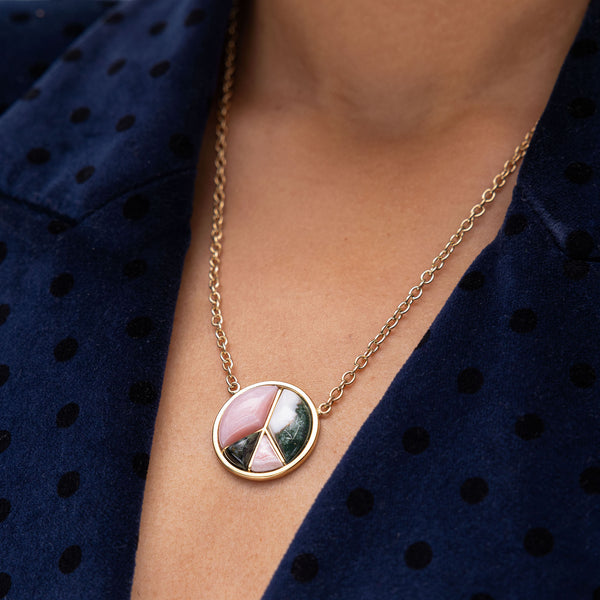 Retrouvai Large Peace Sign Pendant With Pink Opal Moss Agate Rhodochrosite And Spotted Green Jasper