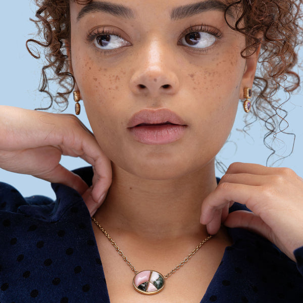 Retrouvai Large Peace Sign Pendant With Pink Opal Moss Agate Rhodochrosite And Spotted Green Jasper