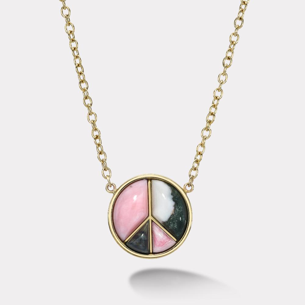 retrouvai Large Peace Sign Pendant with Pink Opal Moss Agate Rhodochrosite and Spotted Green Jasper
