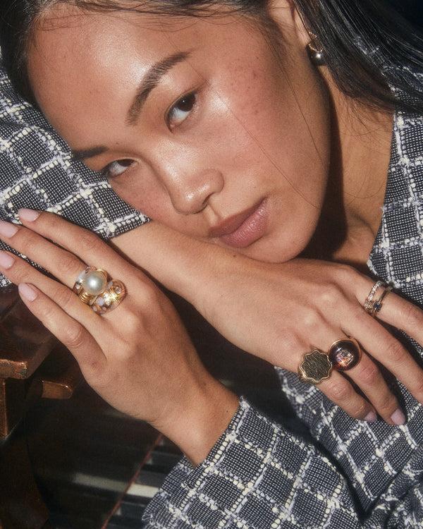 Retrouvai Large Polka Dot Mother Of Pearl Bombe Ring With .58ct Diamonds