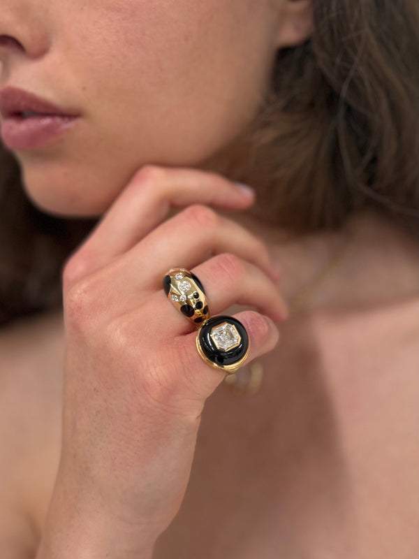 Retrouvai Large Polka Dot Onyx Bombe Ring With .58ct Diamonds