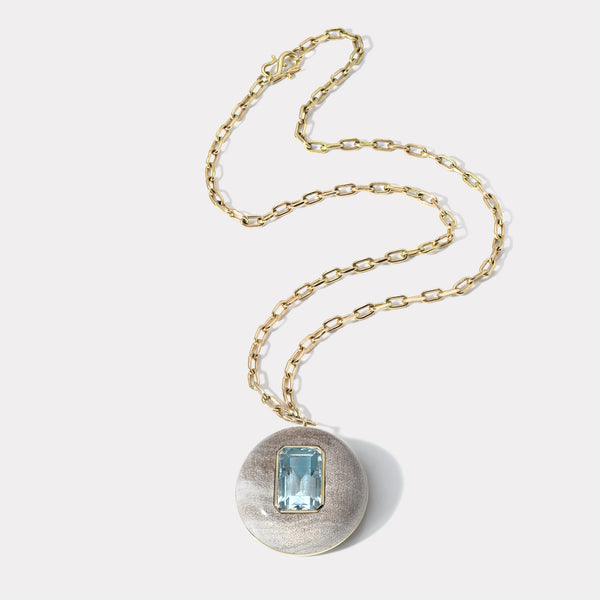 Retrouvai Lollipop Pendant - Aquamarine In Hand Carved Petrified Wood