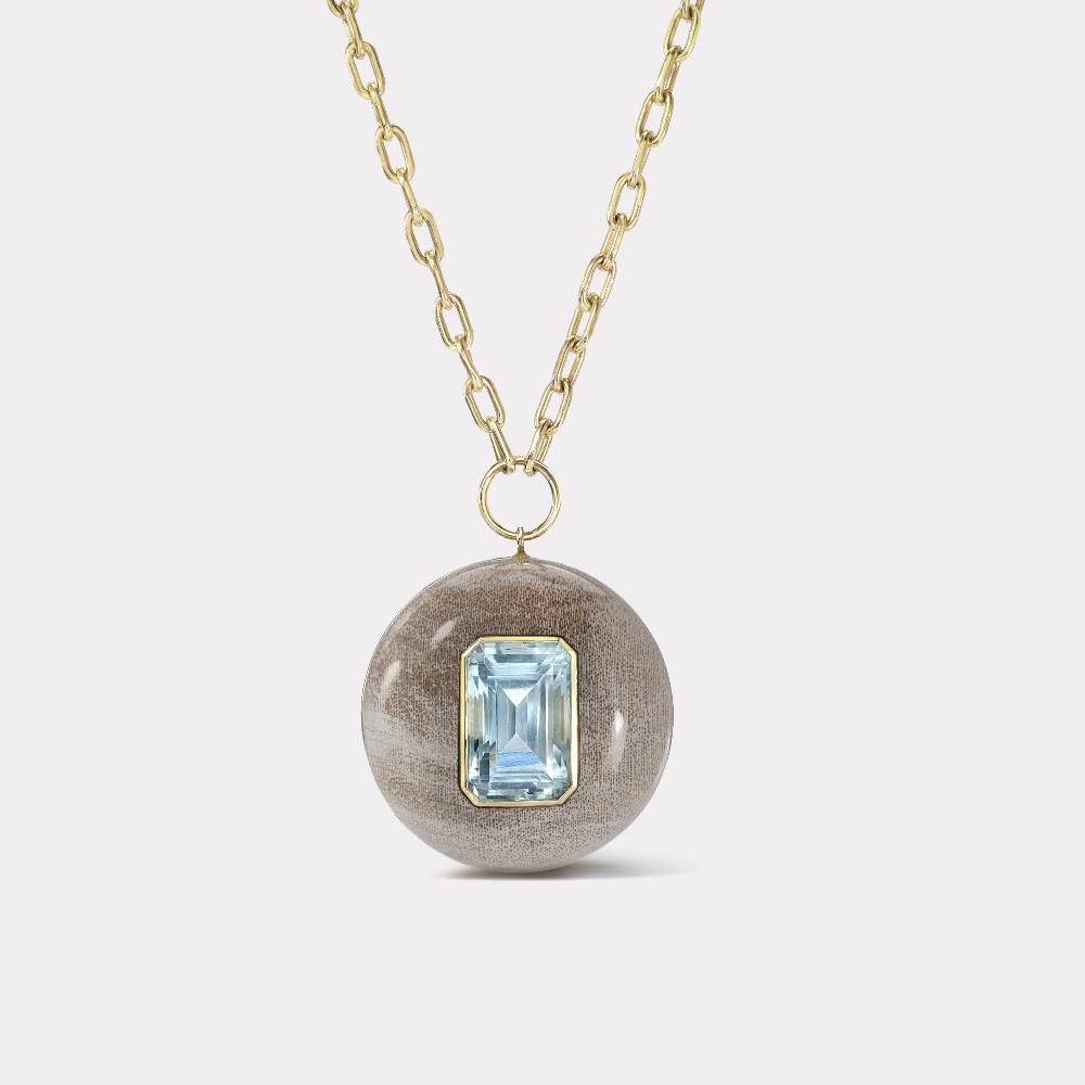 retrouvai Lollipop Pendant - Aquamarine in Hand Carved Petrified Wood