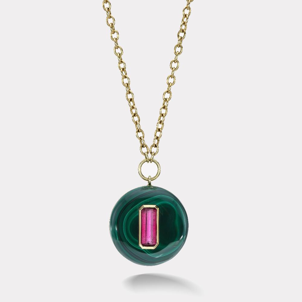 retrouvai Lollipop Pendant - Elongated Emerald Cut Pink Tourmaline in Hand Carved Malachite