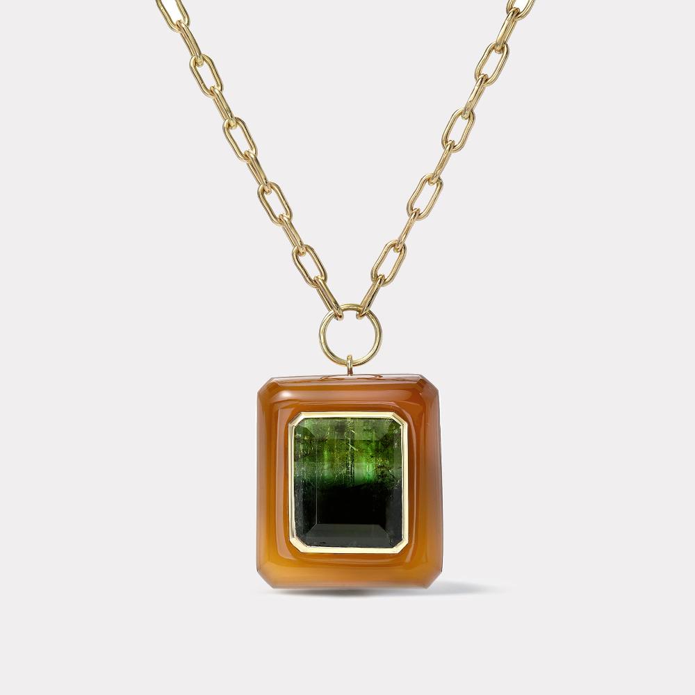 retrouvai Lollipop Pendant - Emerald Cut Bi-color Tourmaline in Hand Carved Carnelian