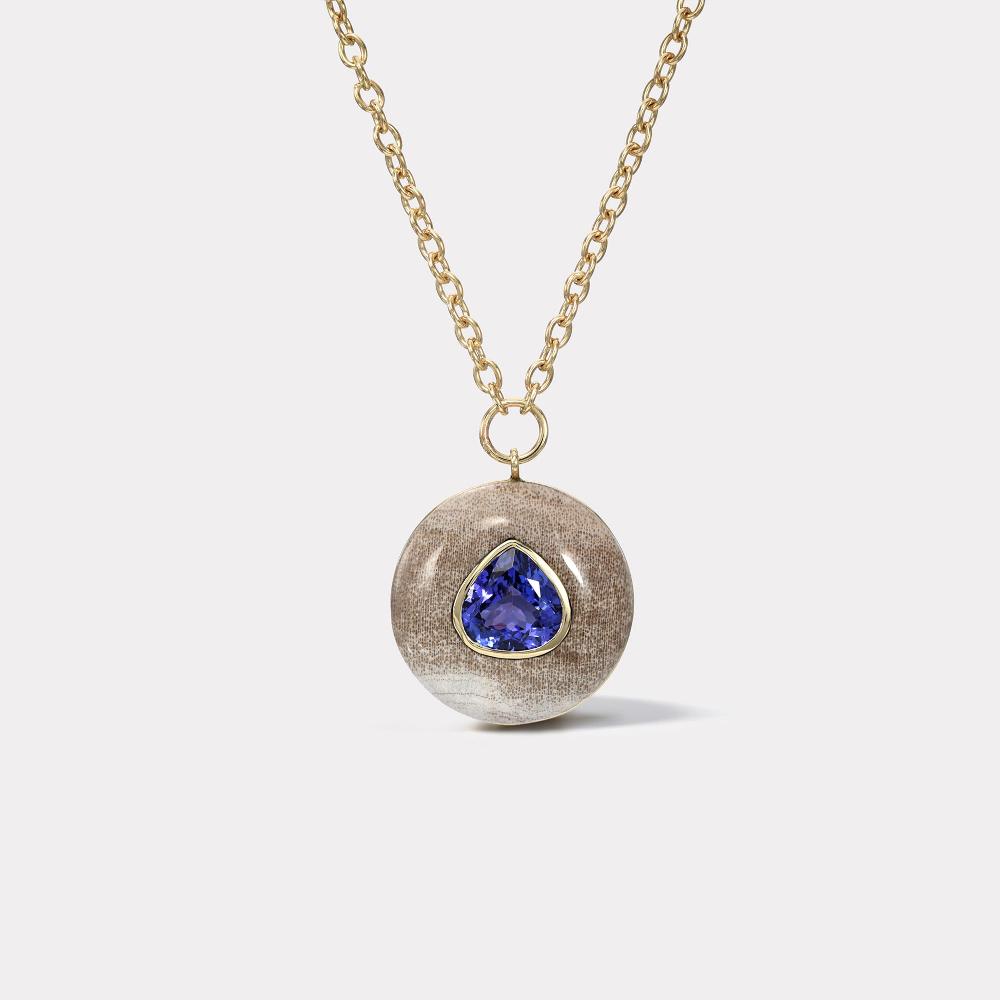 retrouvai Lollipop Pendant - Pear Tanzanite in Hand Carved Petrified Wood