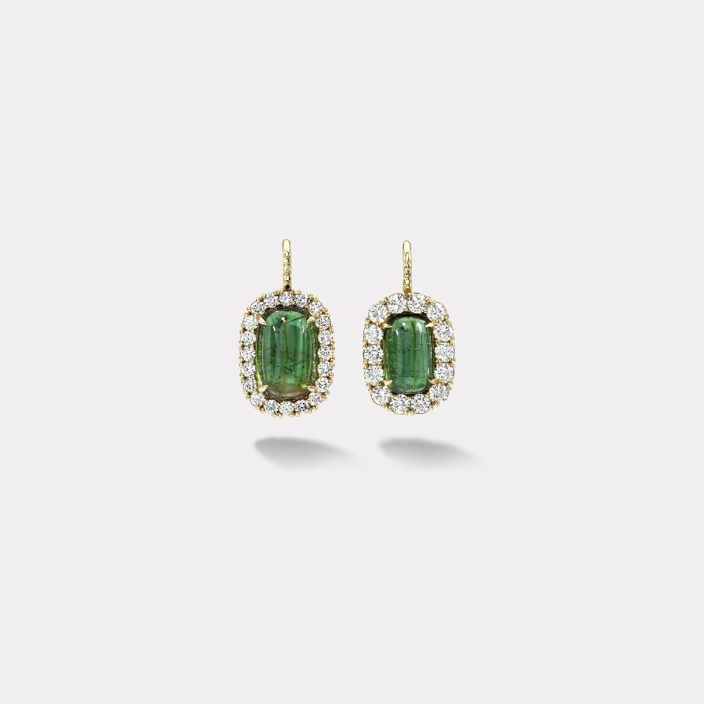 retrouvai Mismatched 17.57ct Cushion Cabochon Green Tourmalines Diamond Heirloom Bezel Earrings