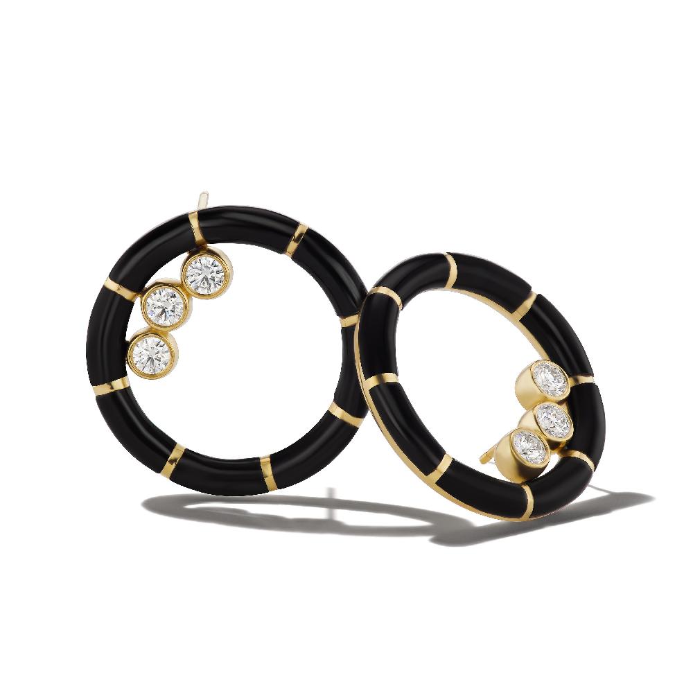 retrouvai Onyx Striped Hoops with Ethically Mined Round Brilliant Diamonds