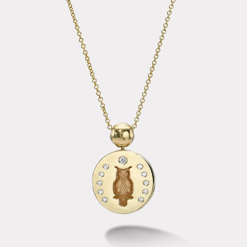 retrouvai Owl Fantasy Signet Pendant Necklace with Diamonds
