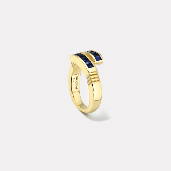 Retrouvai Petite Blue Sapphire Baguette Buckle Ring