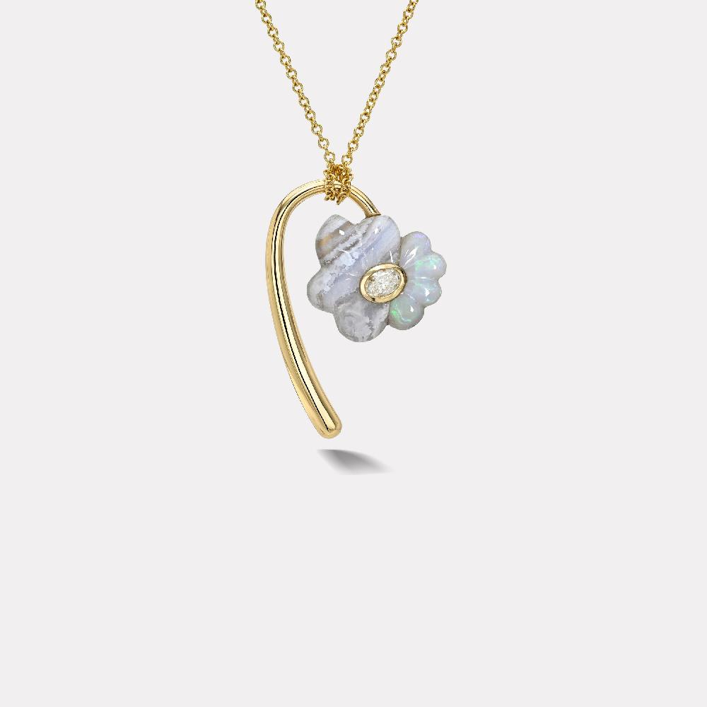 retrouvai Petite Flora Pendant with Hand Carved Blue Lace Agate and Rainbow Opal