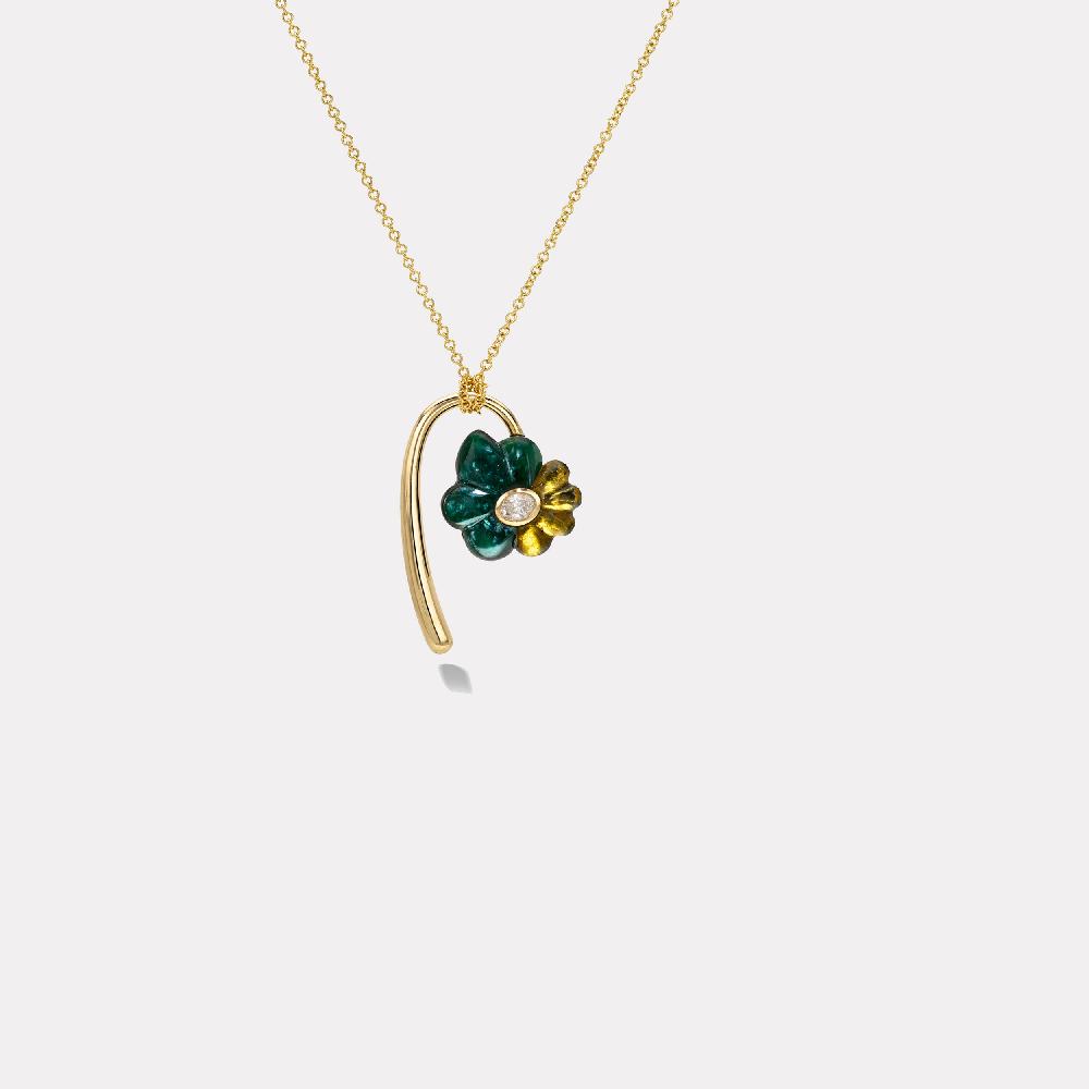 retrouvai Petite Flora Pendant with Hand Carved Dark Green Jade and Green Tourmaline