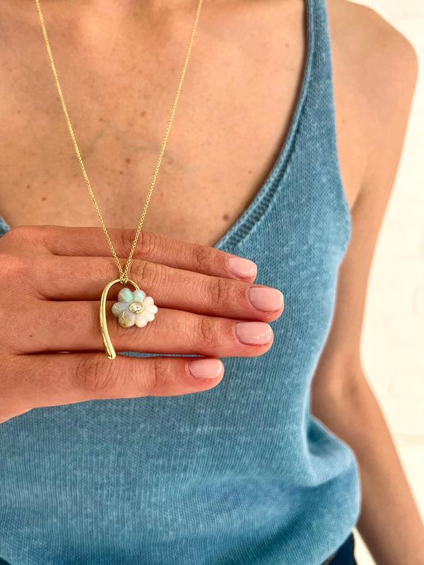 Retrouvai Petite Flora Pendant With Hand Carved Pink Opal And Guava Quartz