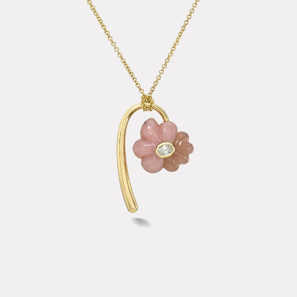 retrouvai Petite Flora Pendant with Hand Carved Pink Opal and Guava Quartz
