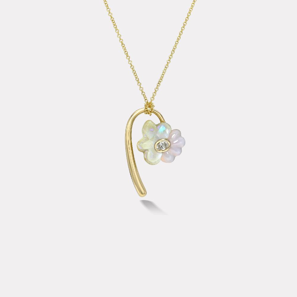 retrouvai Petite Flora Pendant with Hand Carved Rainbow Opal and Chalcedony