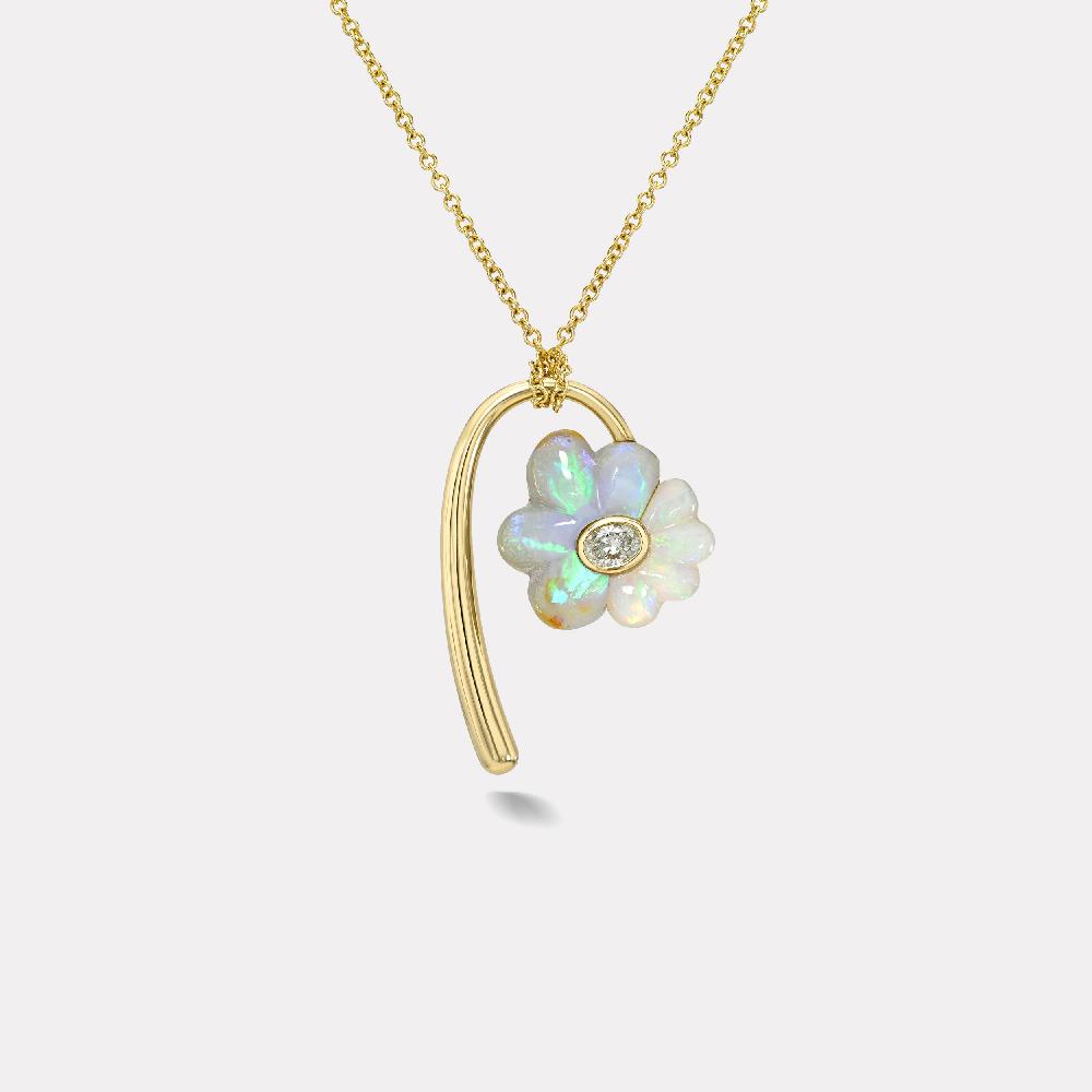 retrouvai Petite Flora Pendant with Hand Carved Rainbow Opal