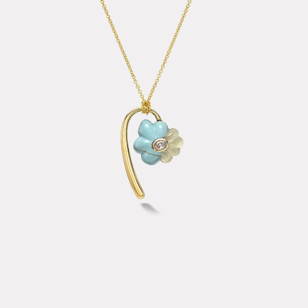 retrouvai Petite Flora Pendant with Hand Carved Turquoise and Aquamarine