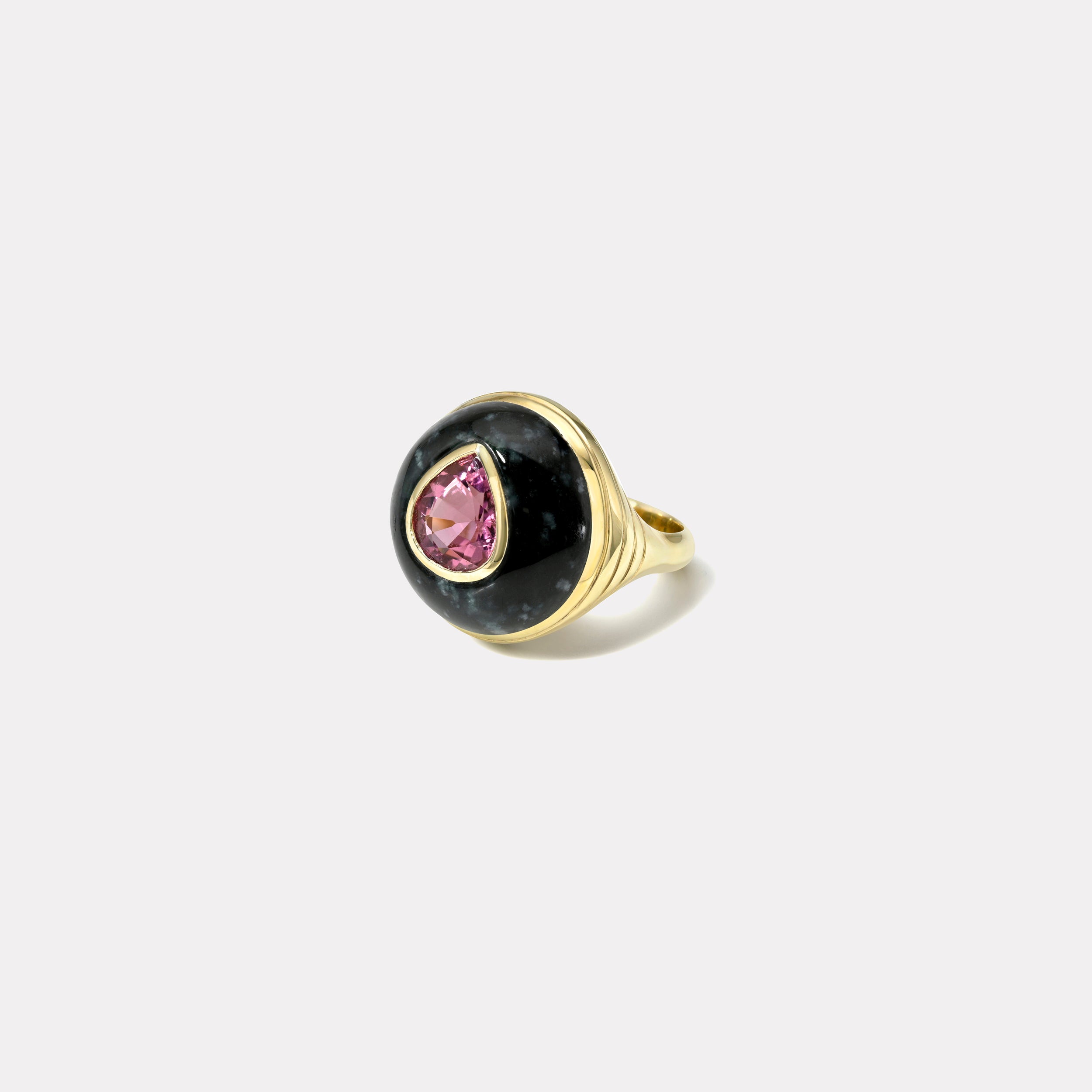 retrouvai Petite Lollipop Ring - 1.9ct Pear Pink Tourmaline in Hand Carved Dark Jade