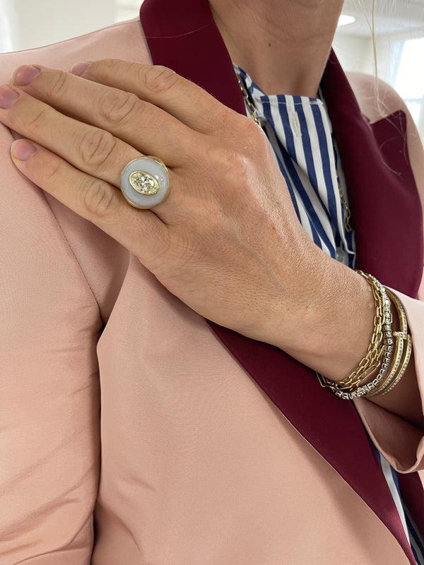 Retrouvai Petite Lollipop Ring - 2.01ct Oval Diamond In Hand Carved Chalcedony