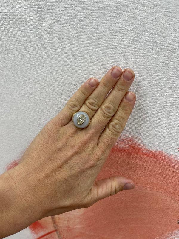 Retrouvai Petite Lollipop Ring - 2.01ct Oval Diamond In Hand Carved Chalcedony
