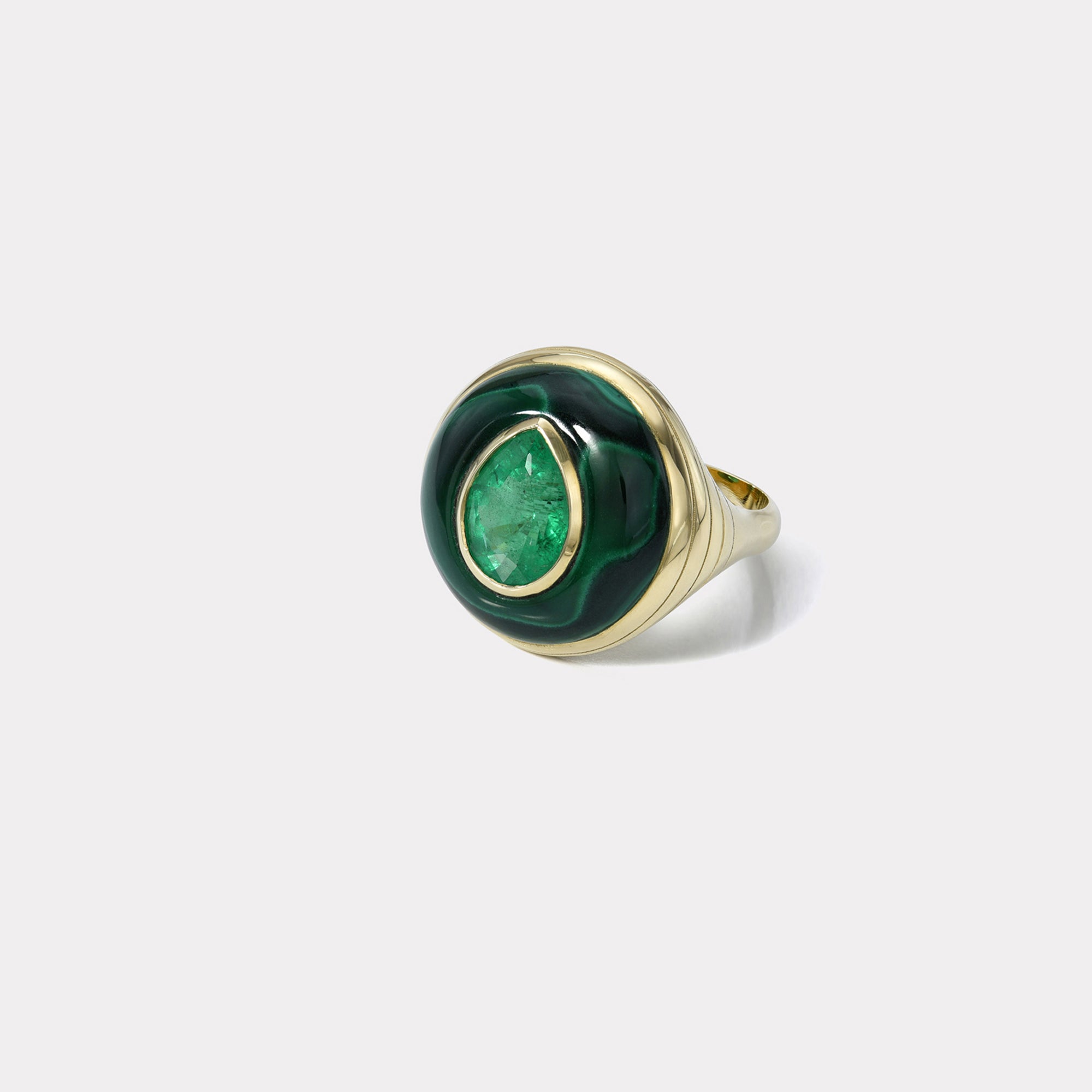 retrouvai Petite Lollipop Ring - 2.1ct Pear Emerald in Hand Carved Malachite