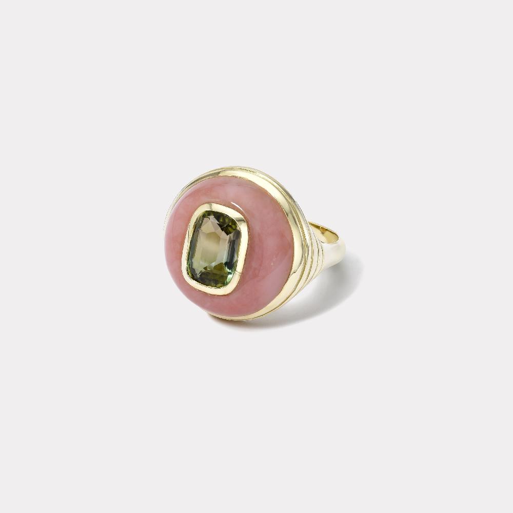 retrouvai Petite Lollipop Ring - 2.23ct Bicolor Green Tourmaline in Hand Carved Pink Opal