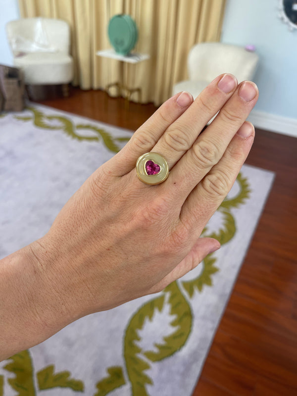 Retrouvai Petite Lollipop Ring - 2.32ct Rubellite Heart In Hand Carved Aquamarine